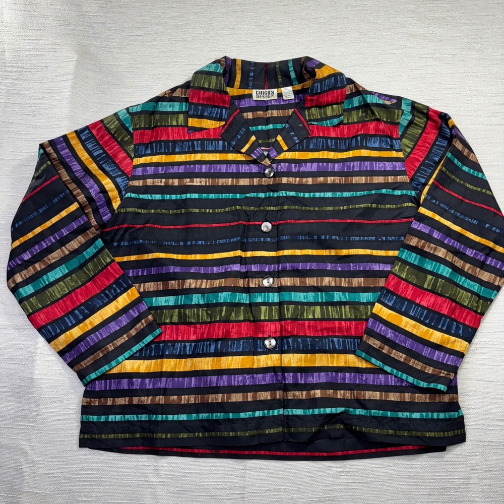 Chicos Design Womens 2 Silk Button Up Shirt Multi‎ Color Striped Long Sleeve Top